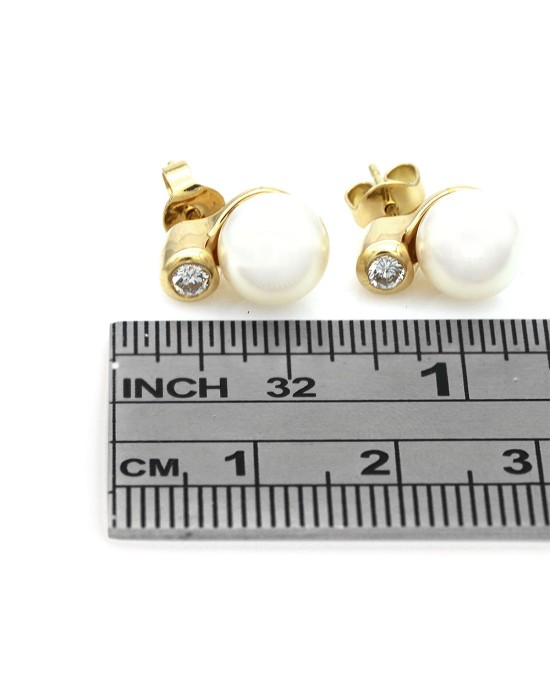 Pearl and Diamond Accent Drop Earrings in Yellow Gold
